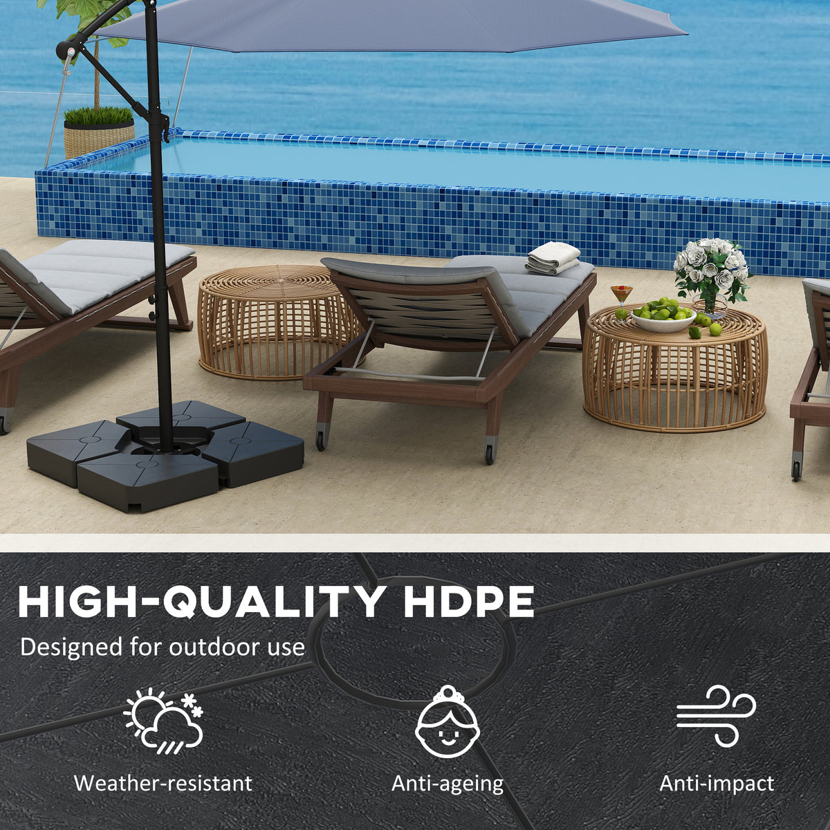 Outsunny black umbrella weight set beneath a cantilever parasol, made of weather-resistant HDPE