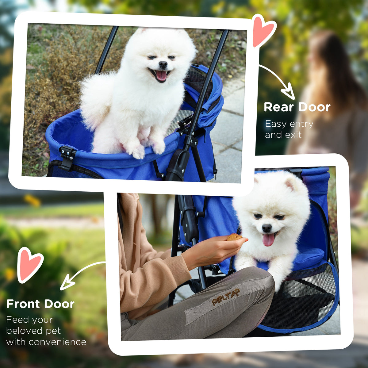 Blue pet stroller with rear and front access panels shown with a small dog inside.