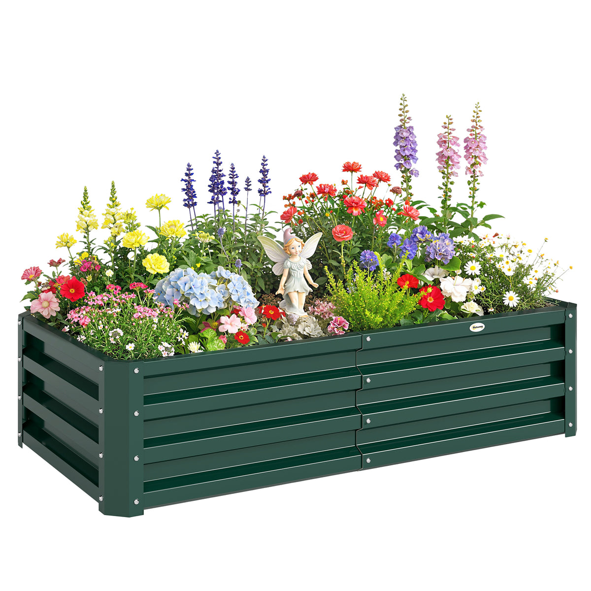 Rectangular green metal raised garden bed filled with flowers