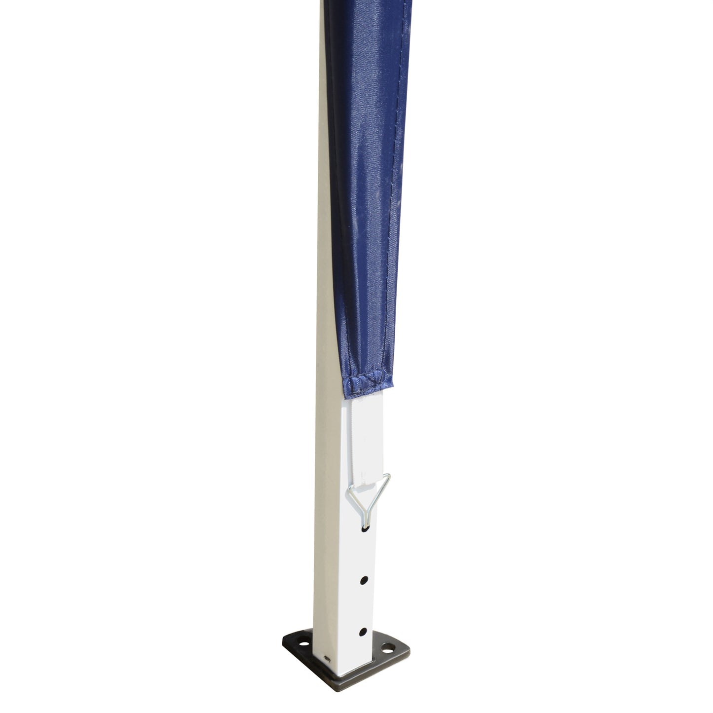 Gazebo steel leg with blue fabric sleeve, locking pin, and mounting plate