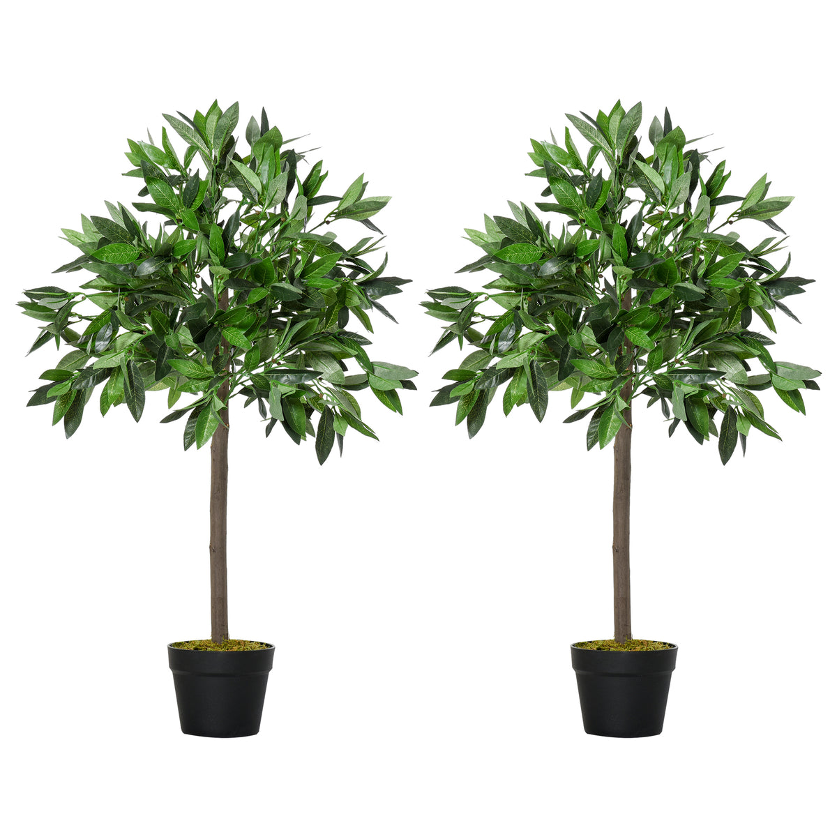 Pair of artificial bay laurel topiary trees in black pots