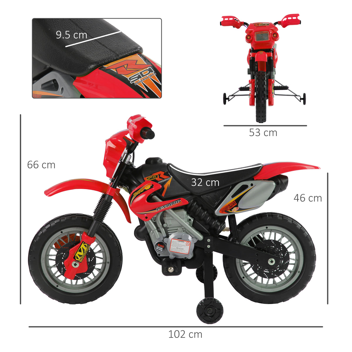 Red kids' ride-on motorcycle shown in side and front views with dimensions.
