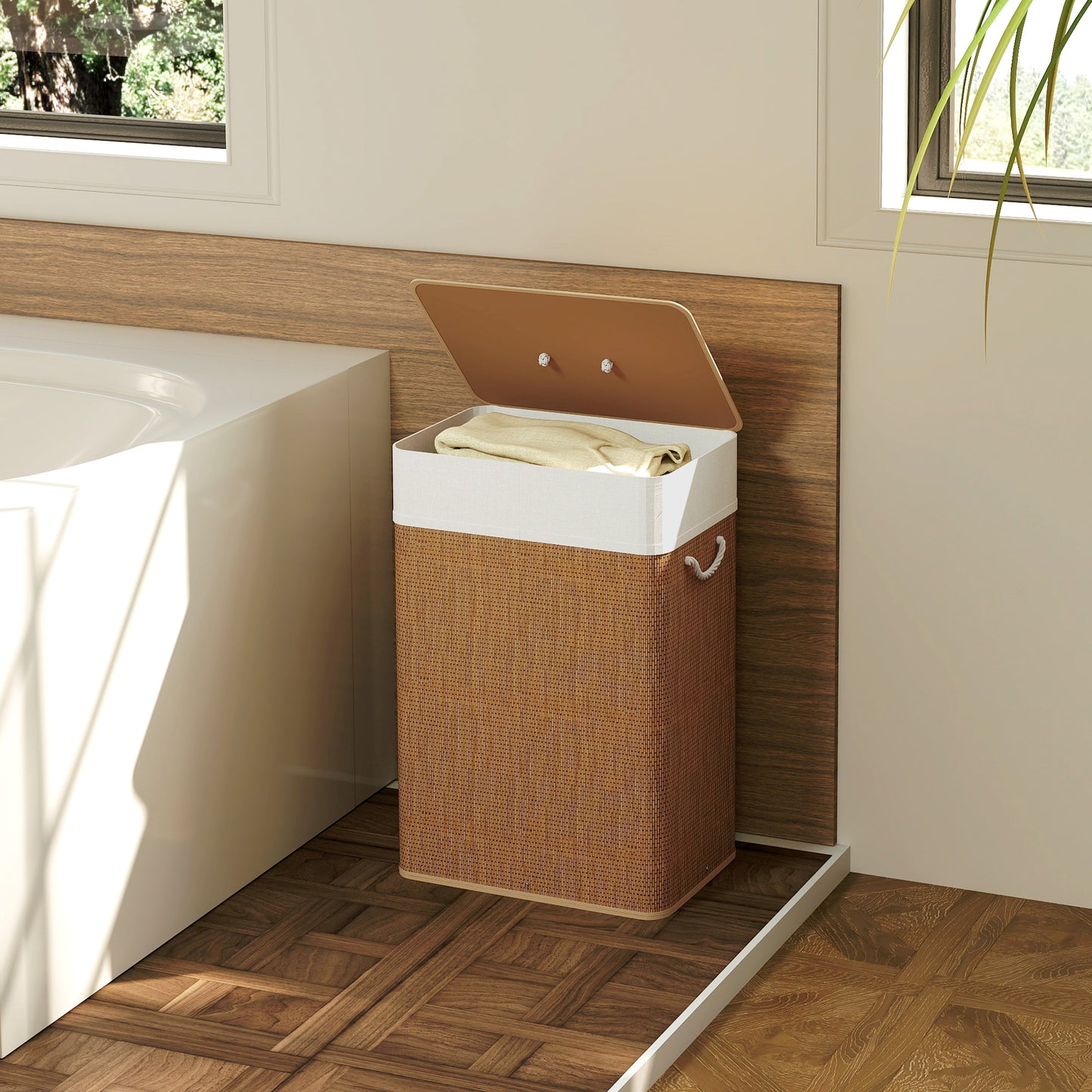 HOMCOM Bamboo Laundry Basket with Lid, 72L Laundry Hamper with Rope Handles, Washing Basket with Removable Washable Liner Bag for Bathroom, Bedroom, Brown