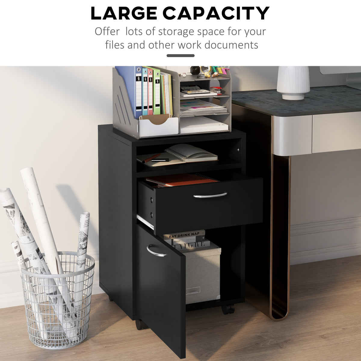 Black mobile filing cabinet with open shelf and two drawers, one open to show flat file storage.