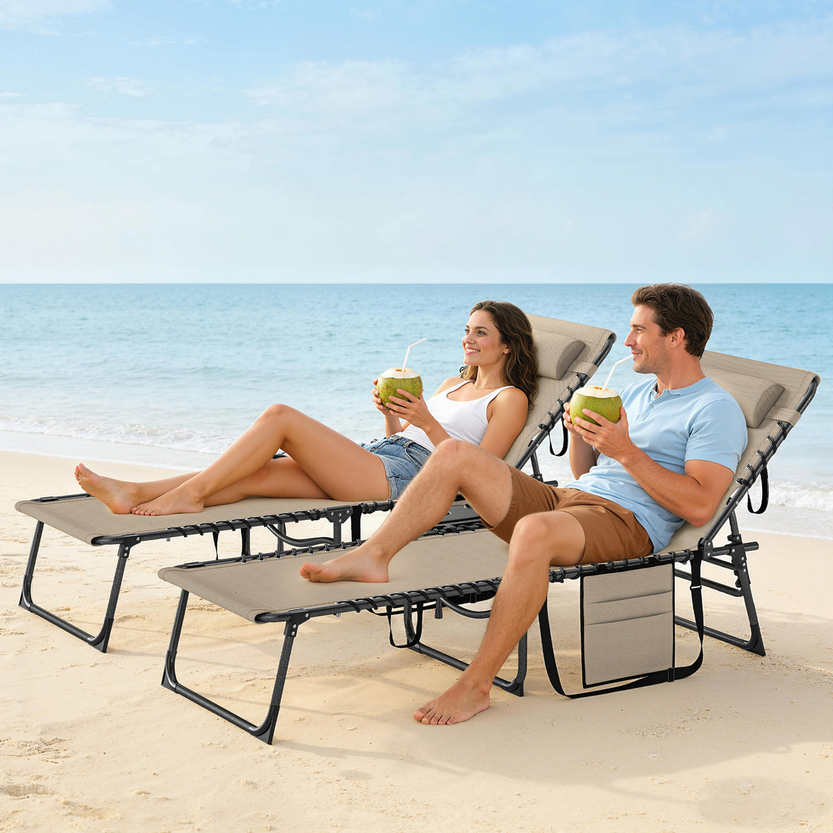 Outsunny Five-Position Reclining Sun Loungers Set of 2 - Beige