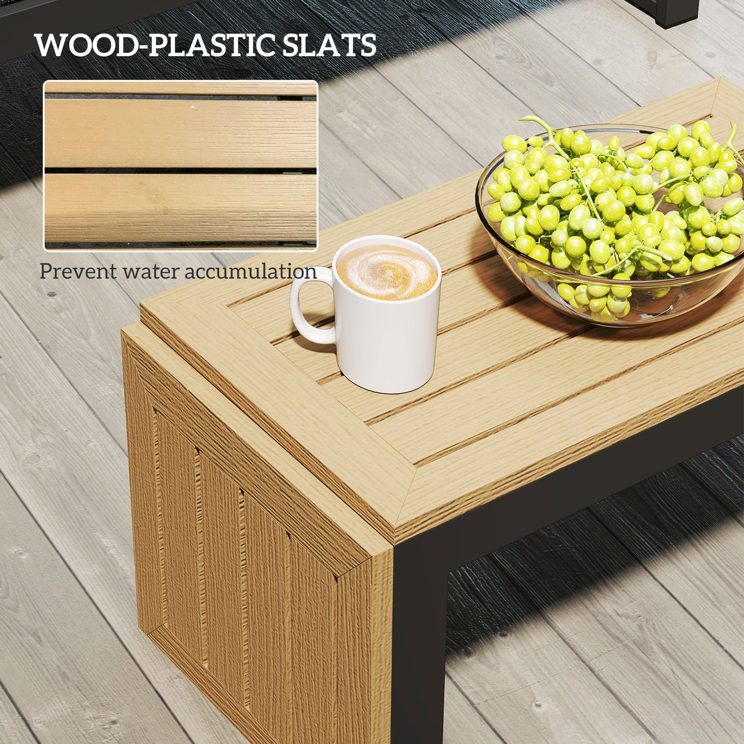 Outsunny 4 Seater L Shaped Aluminium Sectional Garden Furniture Set with 2 Loveseats and Wood-Plastic Coffee Table - Natural Wood