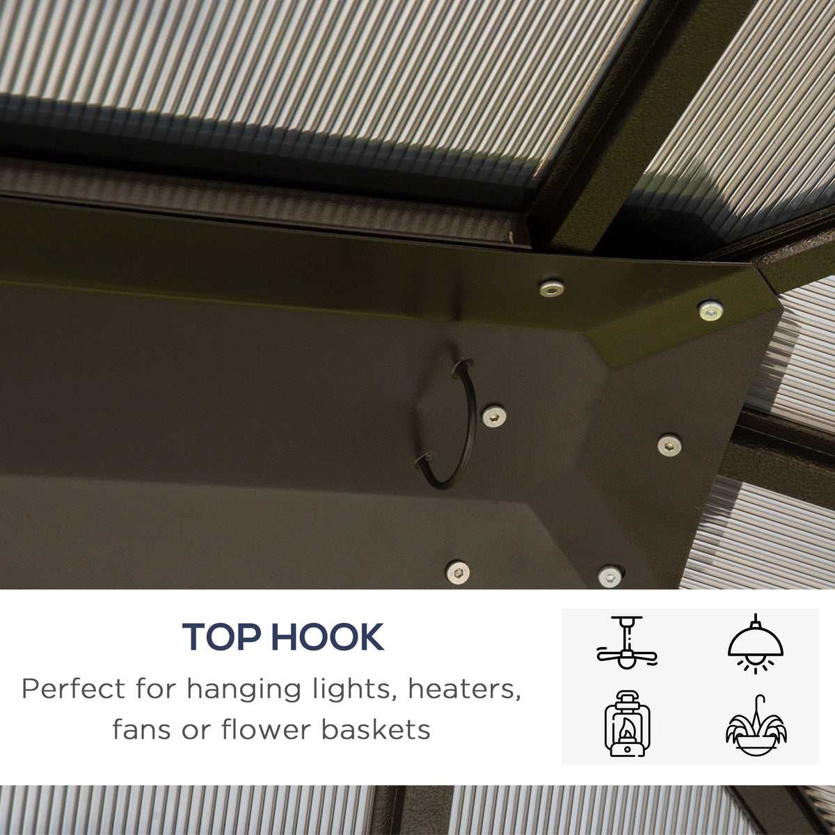 Steel gazebo roof frame with a central hook for hanging accessories