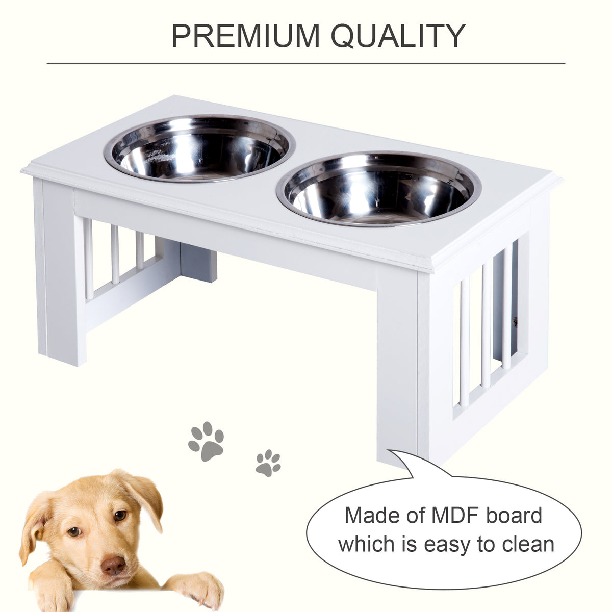 Raised white dog feeder with two stainless steel bowls and slatted sides, shown with a puppy.