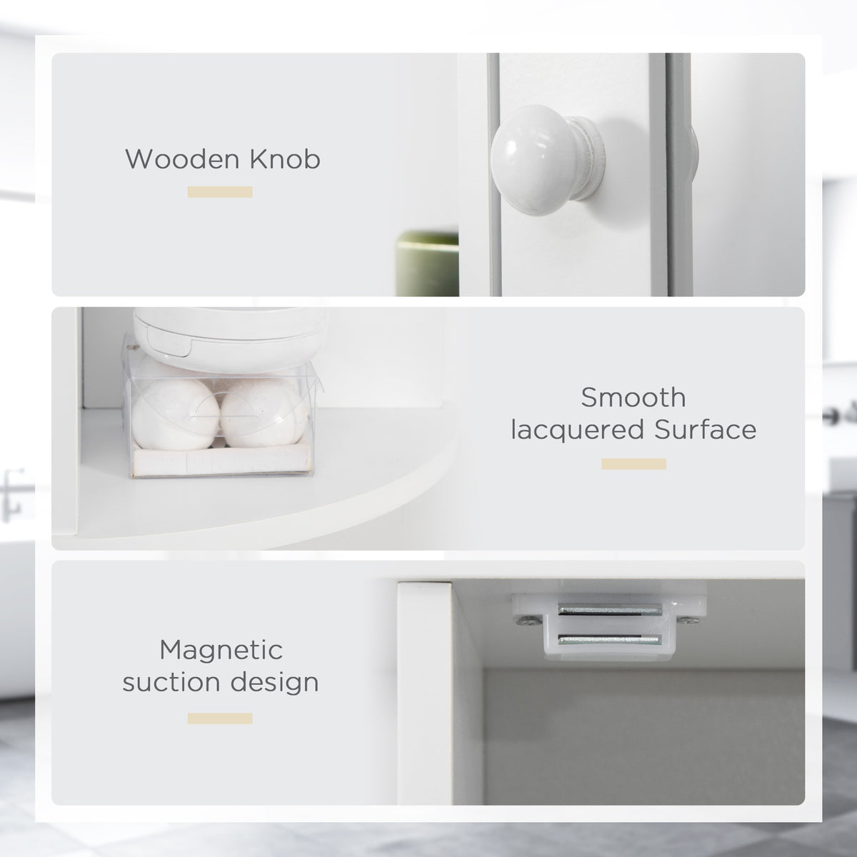 Close-up of cabinet's round wooden knob, smooth lacquered shelf, and magnetic mount