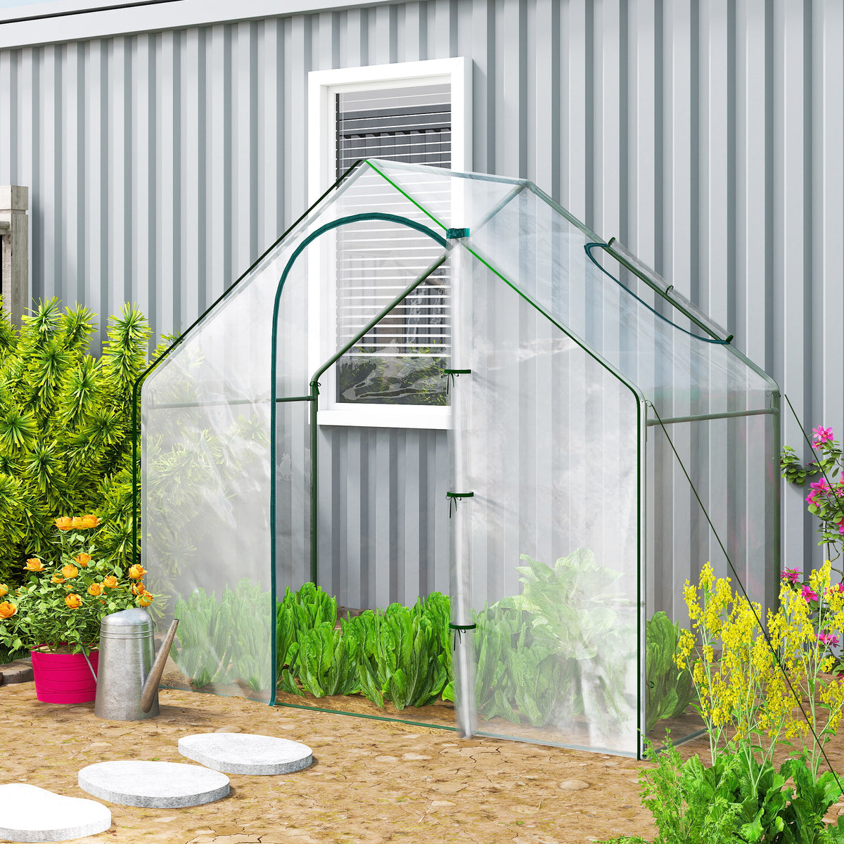 Outsunny Walk In Tomato Greenhouse Garden Outdoor Mini Greenhouse Flower Planter Steel Frame with Zipped Door & Window, PVC Cover, 180 x 100 x 168CM, Clear
