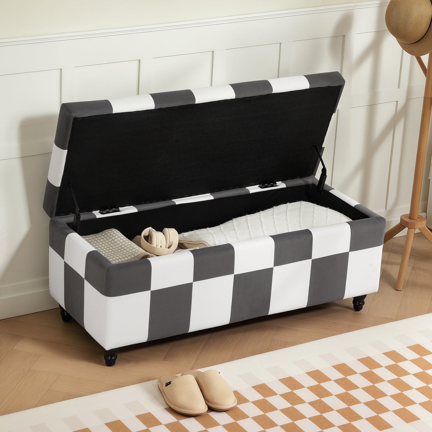 HOMCOM Storage Ottoman, Storage Bench with Wood Legs, Footstool, Footrest with Velvet Surface for Bedroom, Hallway, Living Room, 114 x 47 x 47 cm, Dark Grey and White