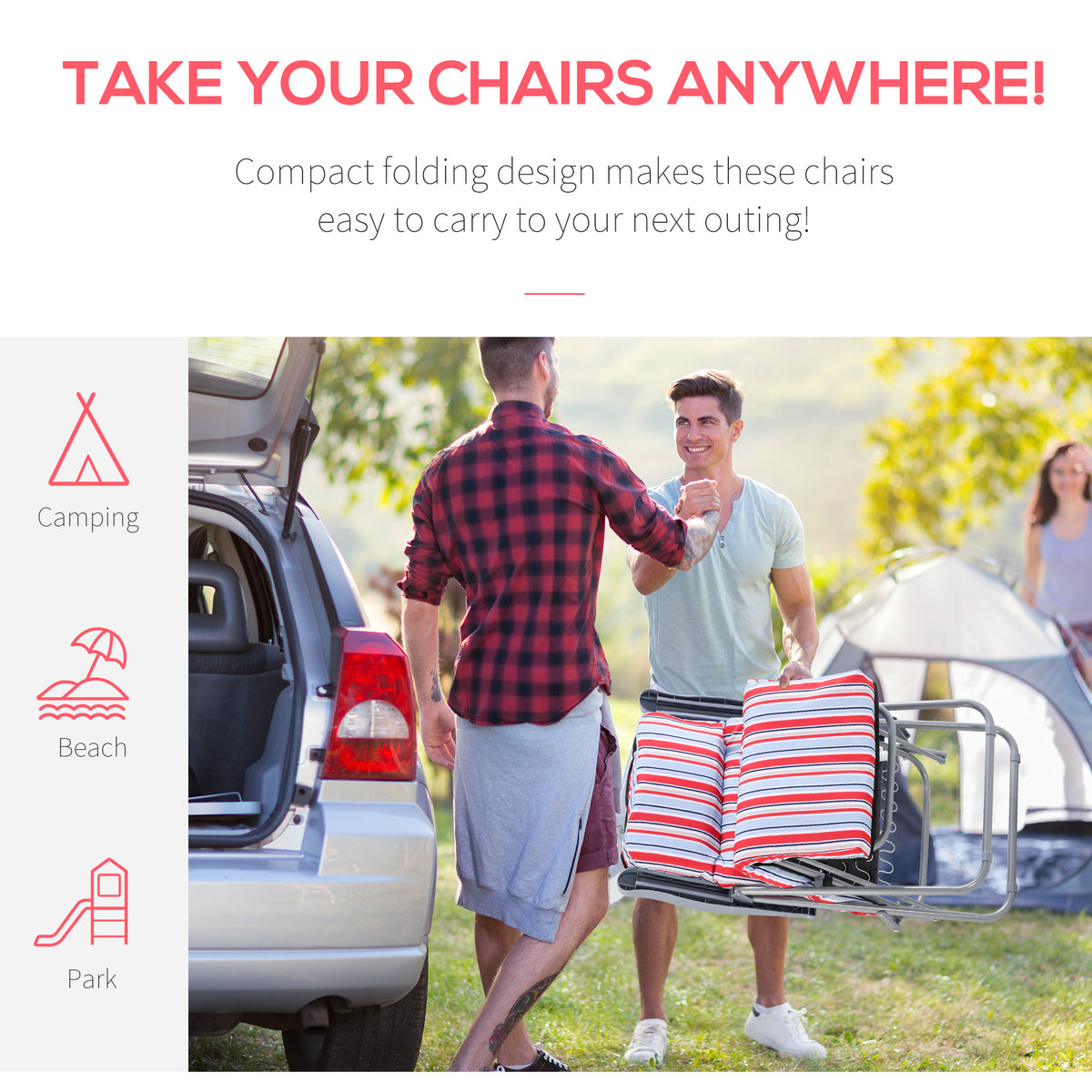 Foldable striped garden chairs carried together, showing their compact design