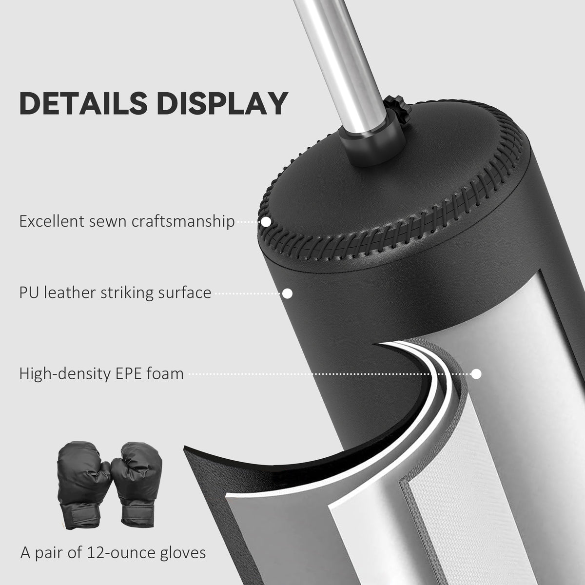 HOMCOM boxing stand detail showing stitched striking bag, PU leather surface, foam and gloves