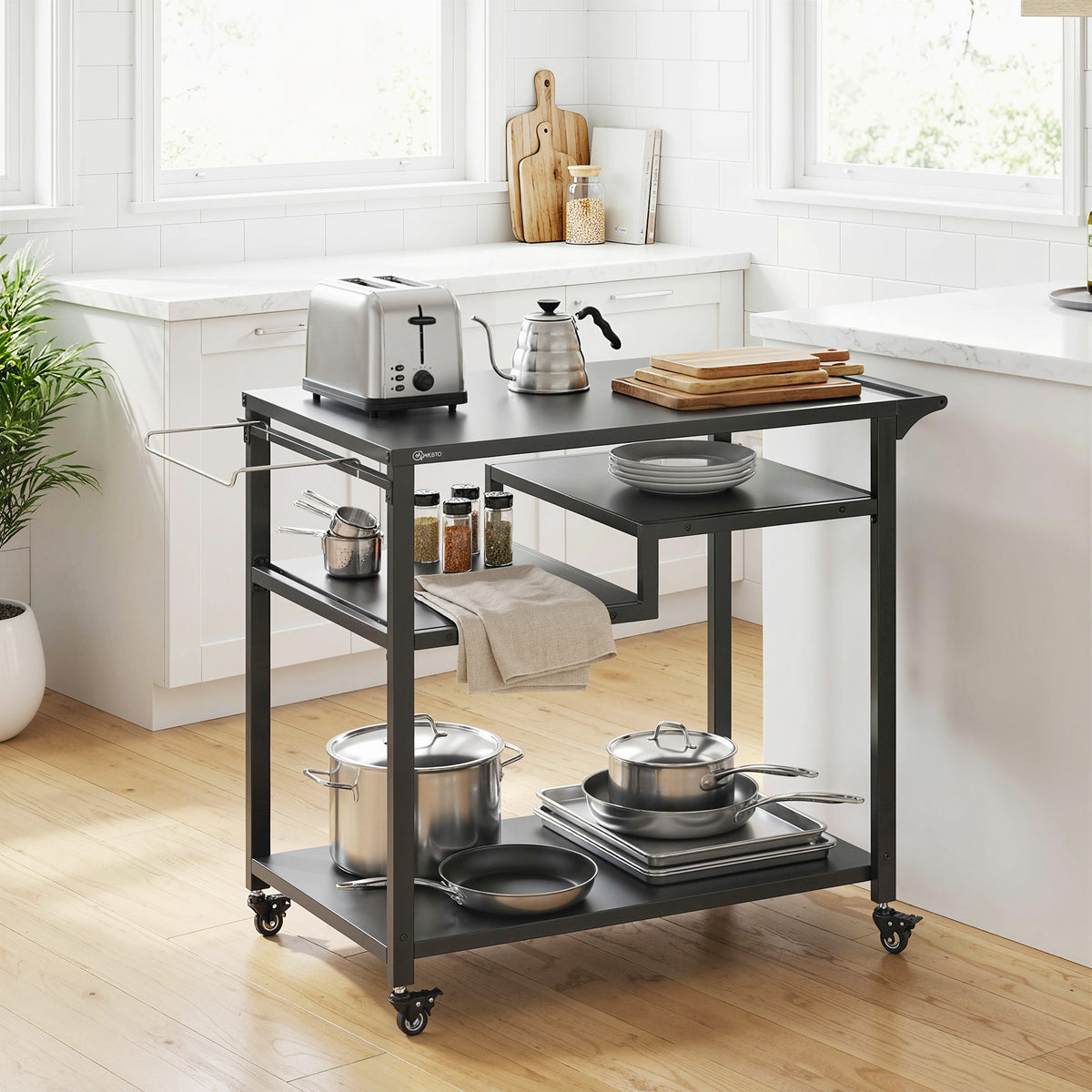 Outsunny Outdoor Grill Cart, Three-Tier Pizza Oven Stand with Steel Tabletop, Hooks, Rubbish Bag Holder, Wheels, Black