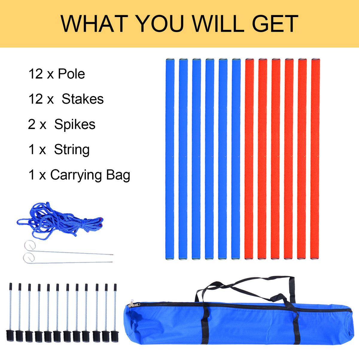 Dog agility training set with 12 red and blue poles, stakes, spikes, string, and carry bag