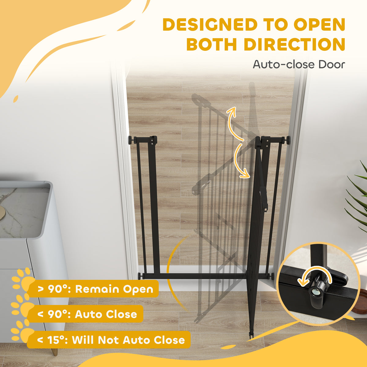 Black metal auto-close pet gate shown swinging both ways in a doorway