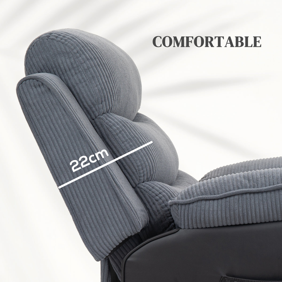 Dark grey corduroy lift chair close-up showing thick padded back and armrest