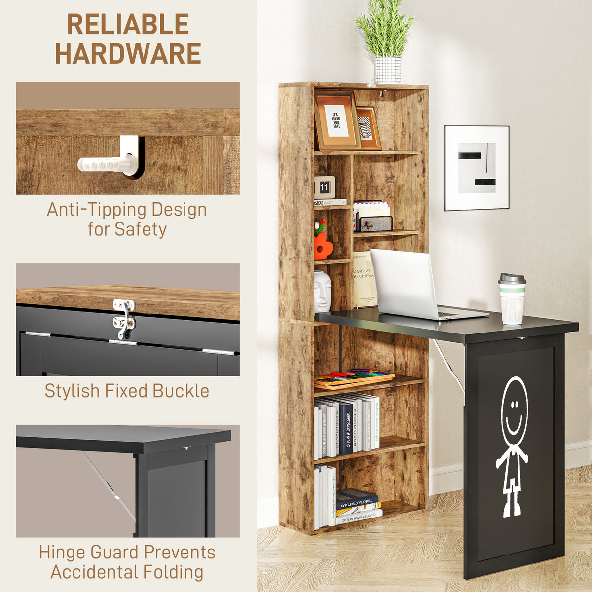 Folding desk with open shelving, anti-tip hardware, buckle, and hinge guard