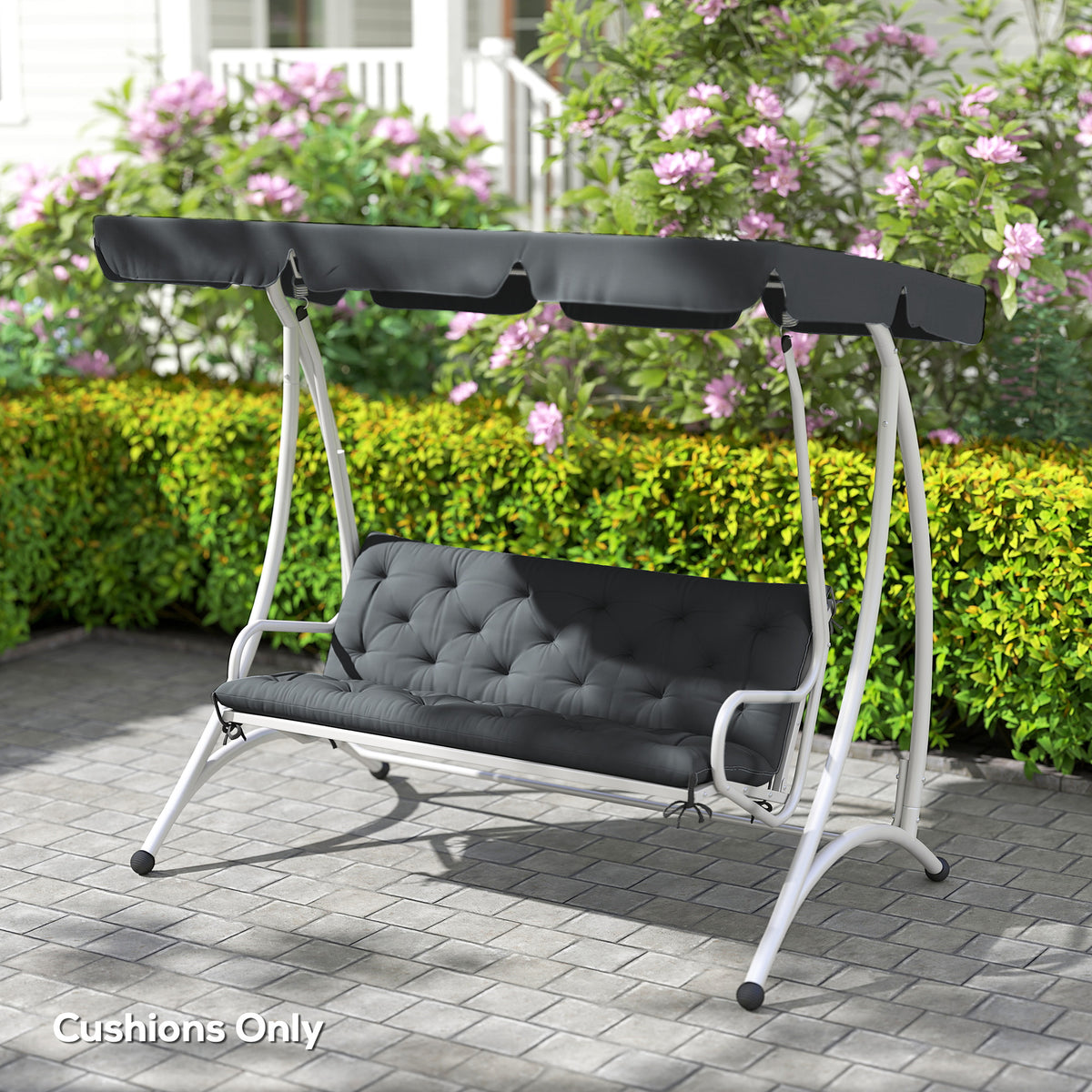 Outsunny 3 Seater Bench Pad, Garden Swing Chair Cushion with Back and Ties, Tufted Style Garden Furniture Window Seat Cushion for Indoor and Outdoor Use, 98 x 150 cm, Dark Grey