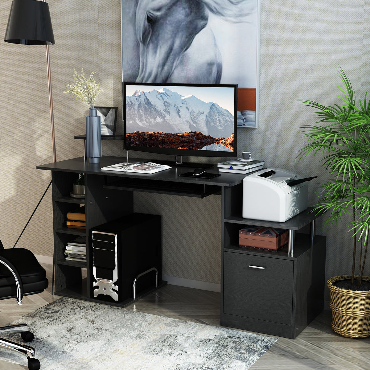 Black HOMCOM computer desk styled with a monitor, printer, open shelving, and drawer cabinet