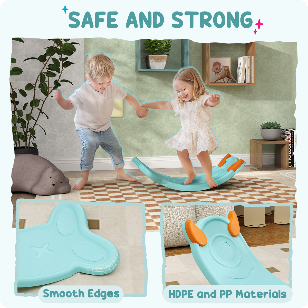 Two children balancing on the curved AIYAPLAY board, with close-ups of its edges and grips