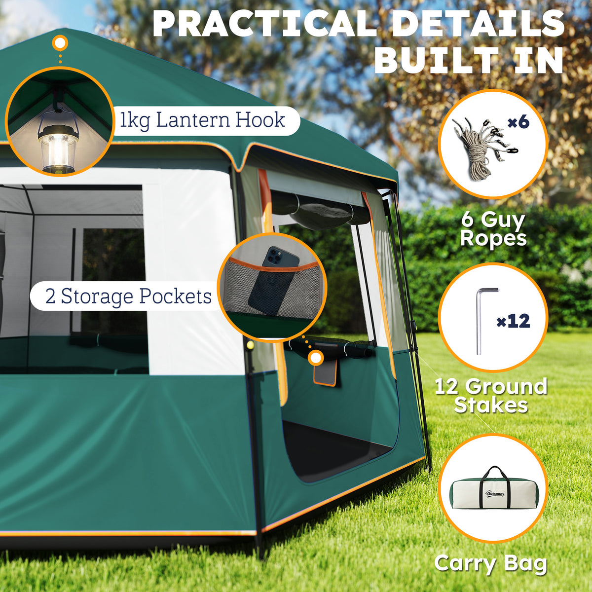 Outsunny Cabin Tent Easy Setup 3000mm Waterproof Camping Tent 4 Person with Carrying Bag Green