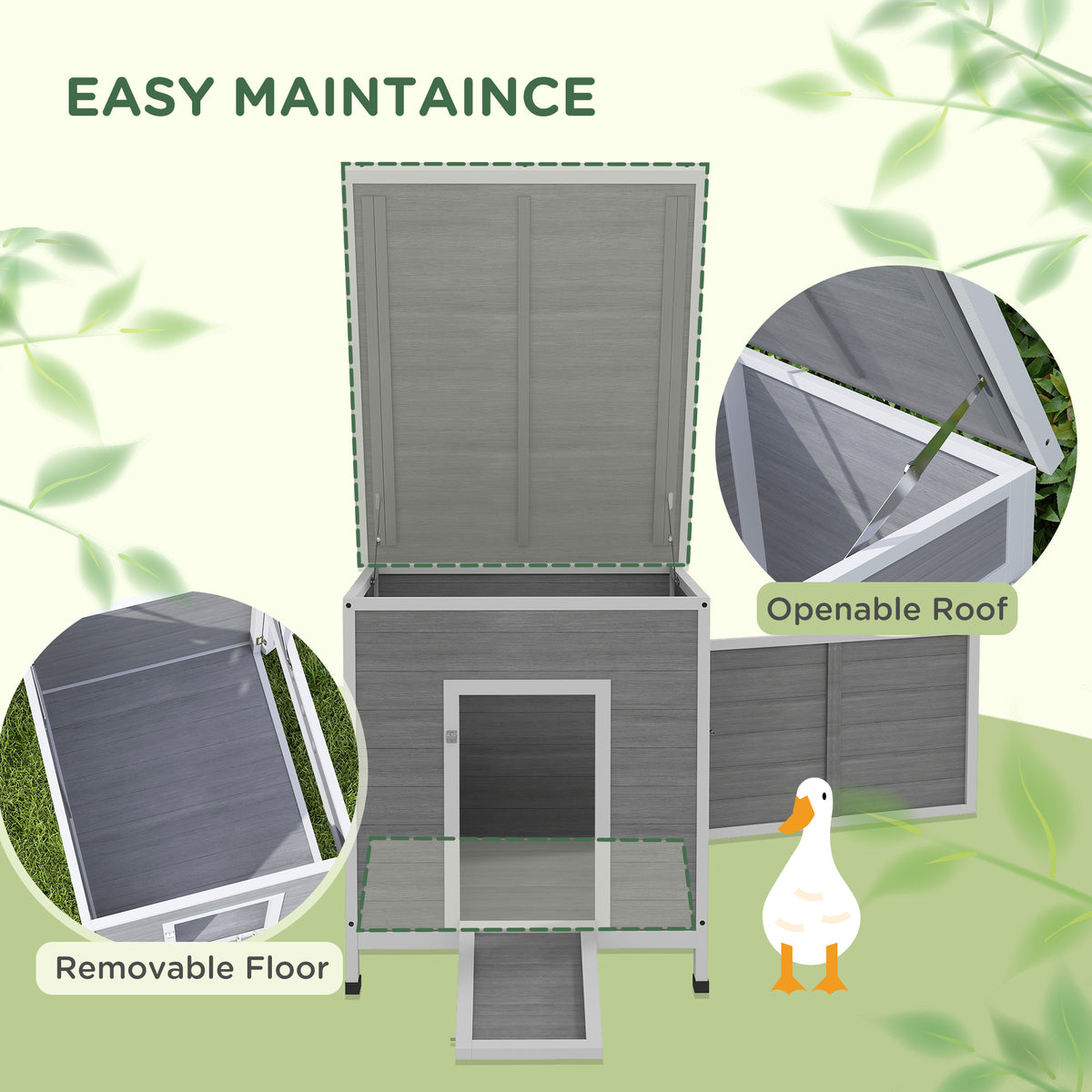 PawHut wooden duck house with open roof and removable floor shown