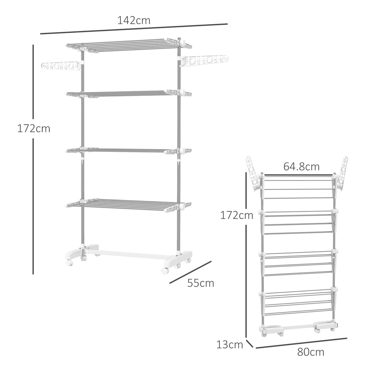 White four-tier folding clothes drying rack with side arms and wheels, shown open and folded with dimensions.