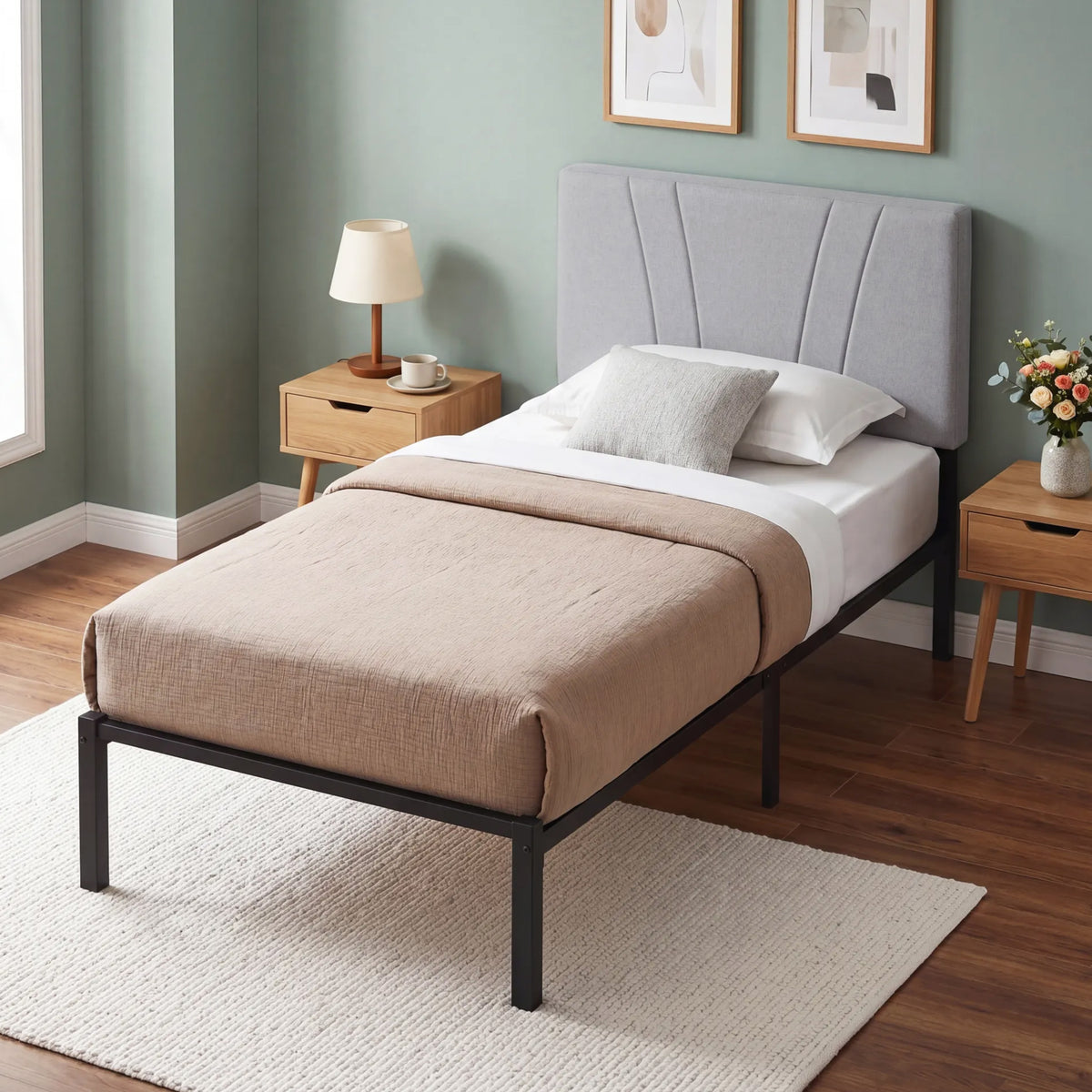 HOMCOM 3FT Single Bed Frame with Upholstered Headboard and Underbed Storage, Black and Light Grey