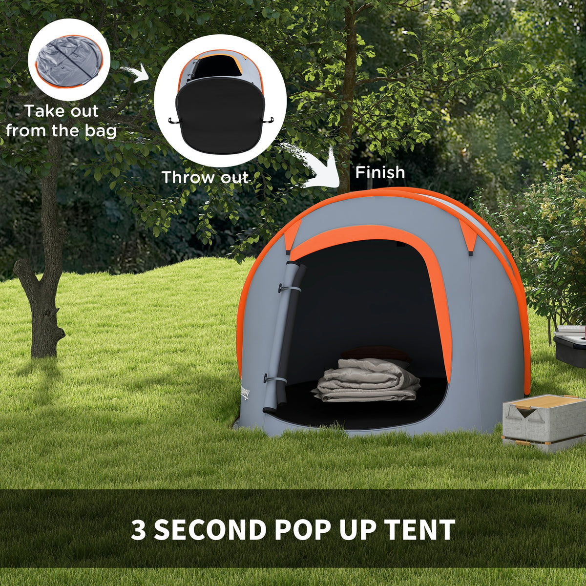 Outsunny grey pop-up tent shown unpacking and pitching, with an open entrance.