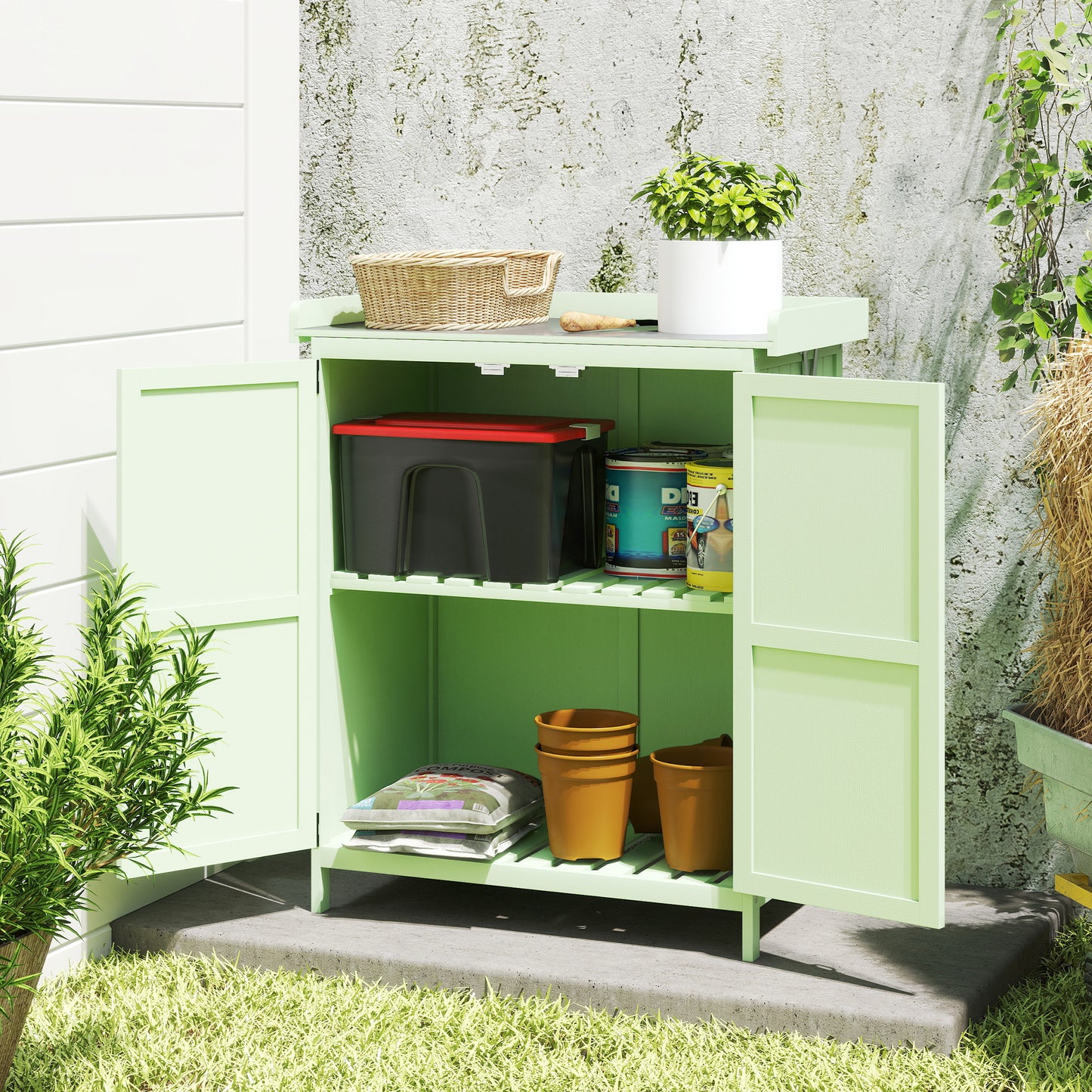 Outsunny Wooden Garden Shed, Garden Tool Storage Shed with Hinged Roof and Shelf, Outdoor Storage Cabinet with Double Doors, Light Green