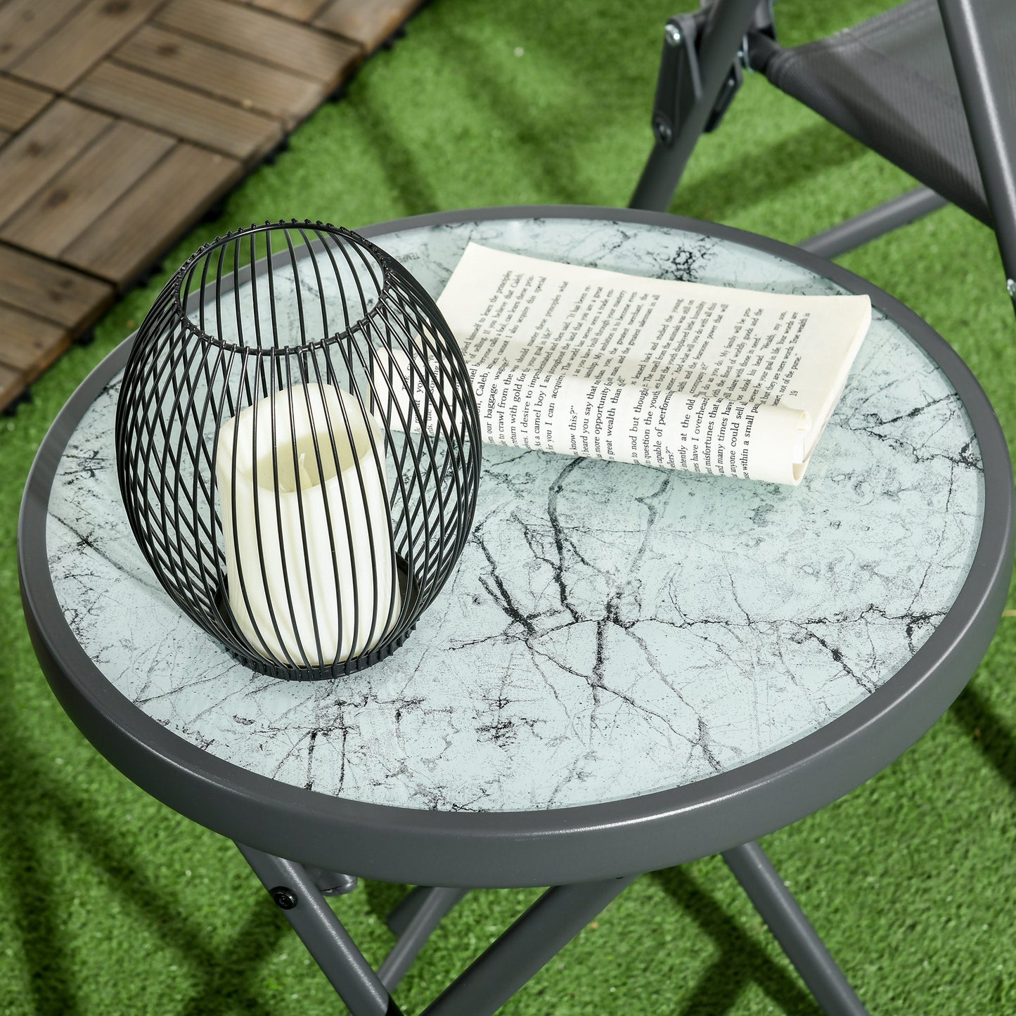 Outsunny Φ45cm Garden Side Table, Outdoor Round Folding Patio Table with Imitation Marble Glass Top, Small Coffee Table, White