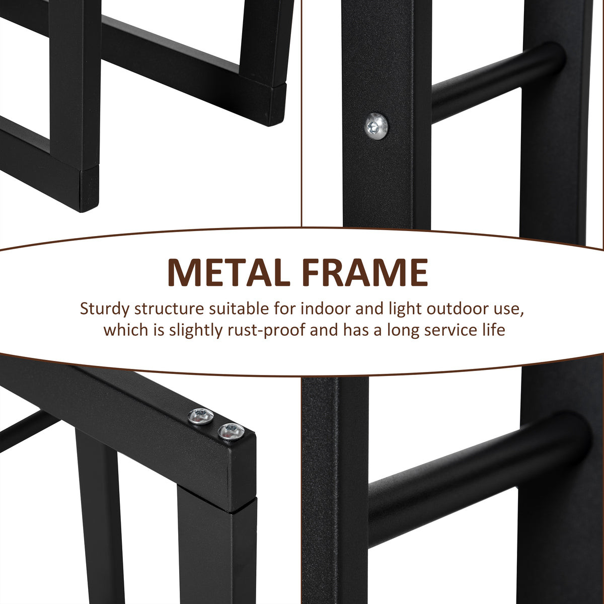 Black metal firewood rack details showing tubular side rails and bolted frame joints.