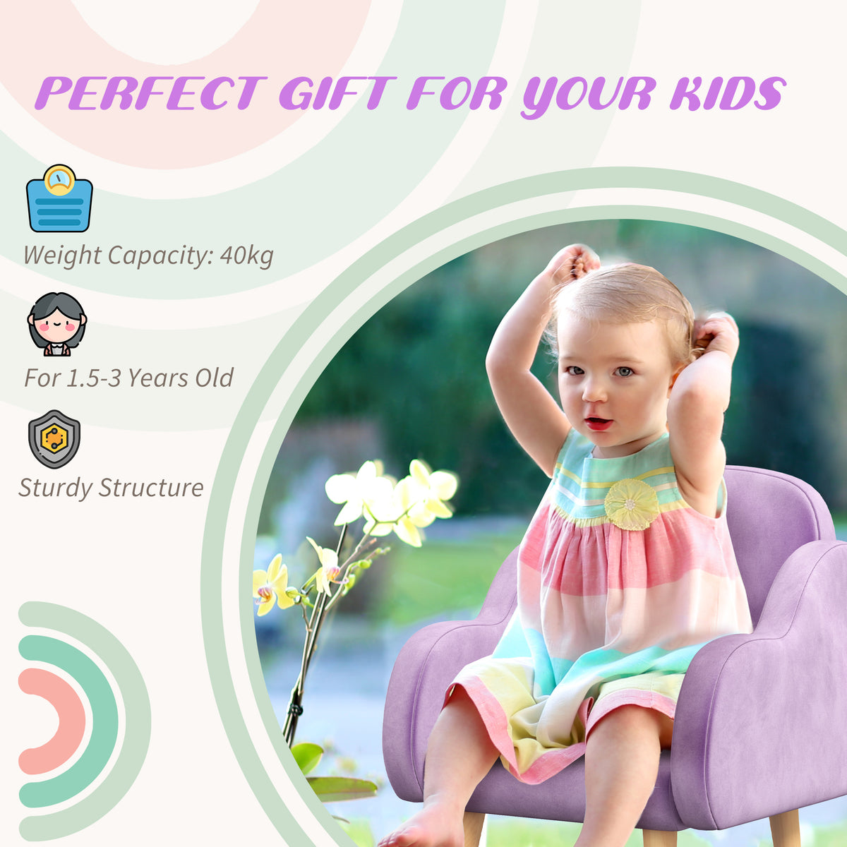 Young child sitting in a purple toddler armchair with padded arms