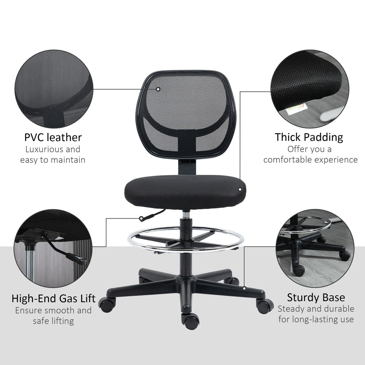 Mesh-back standing desk chair with padded seat, gas lift, chrome footrest ring, and sturdy base