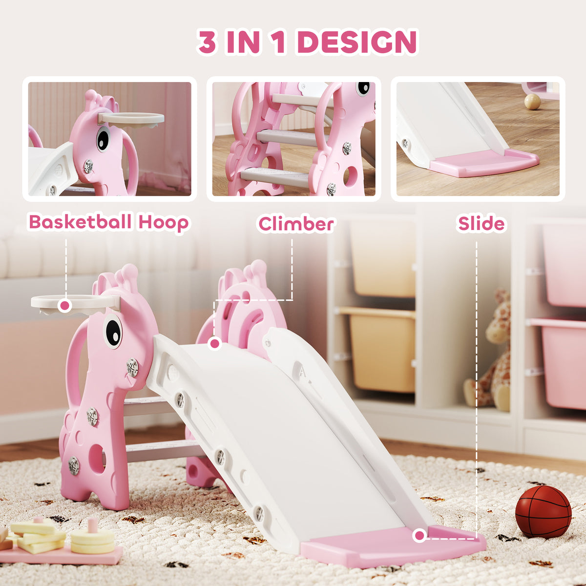 3-in-1 pink and white play set with giraffe climber, slide, and basketball hoop