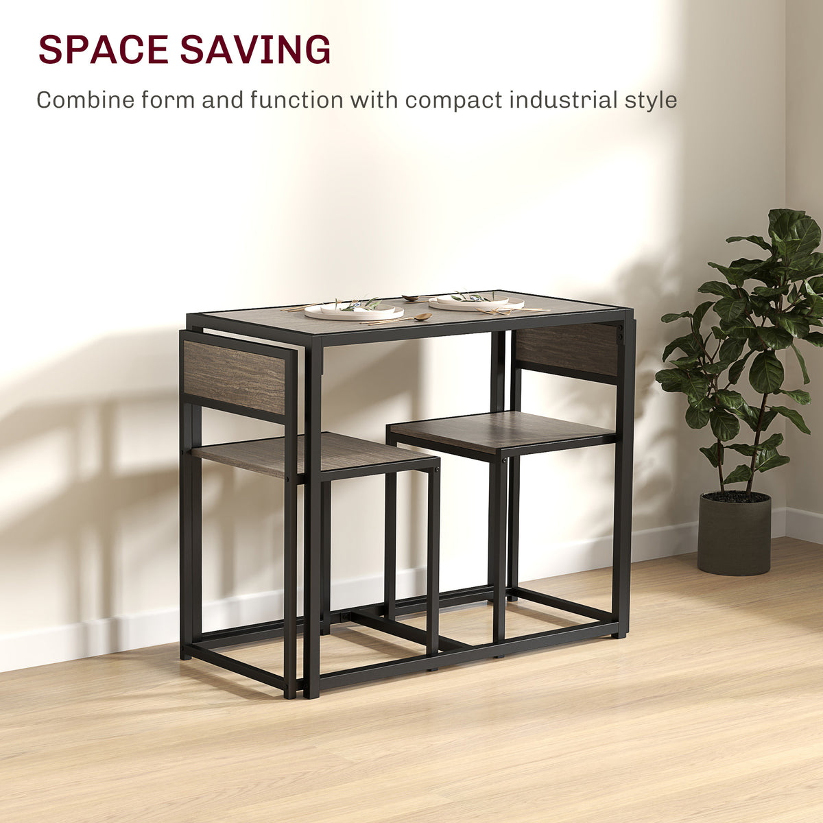 Compact gray wood-effect dining table with two chairs tucked underneath