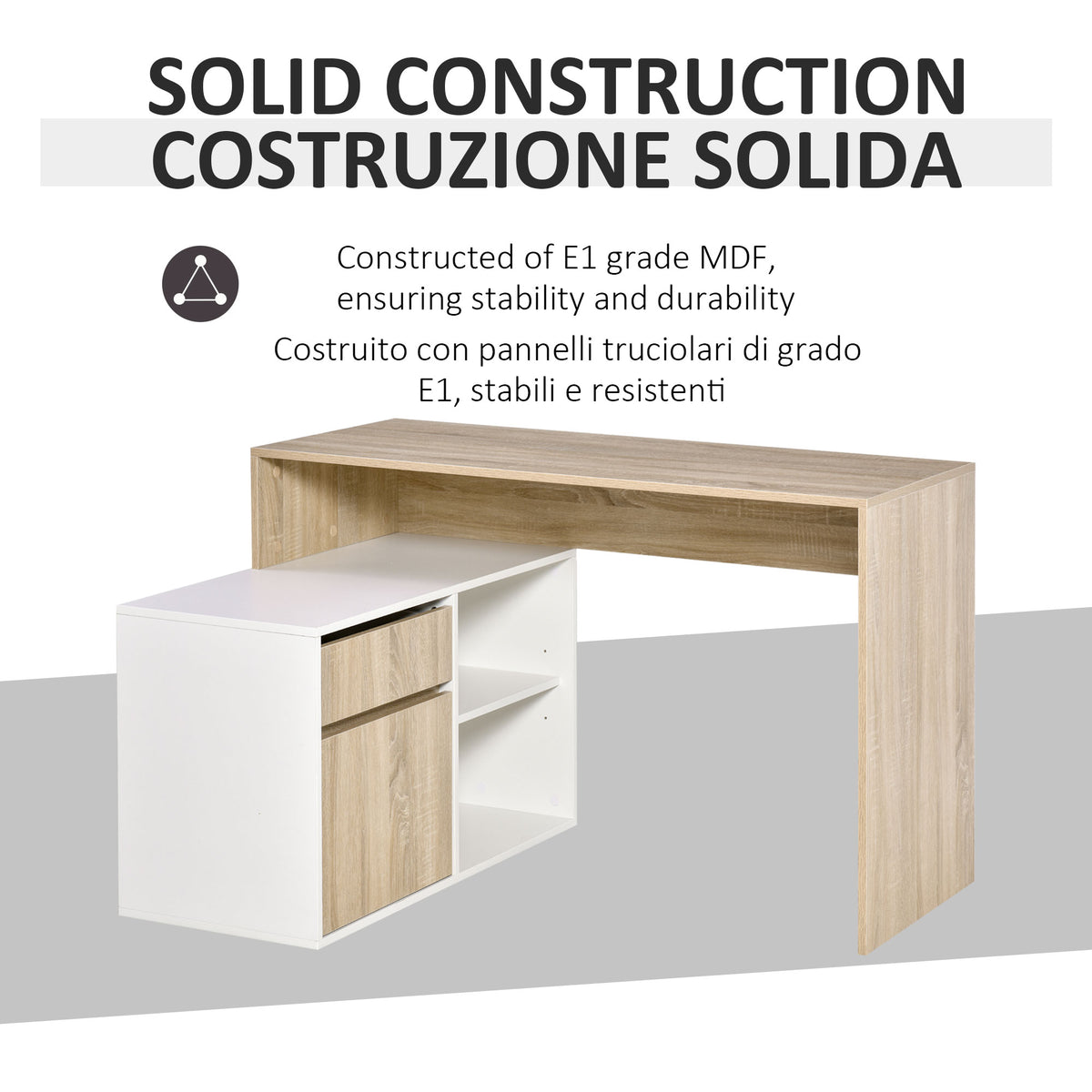 Oak and white L-shaped desk with cabinet, drawer, and open shelves