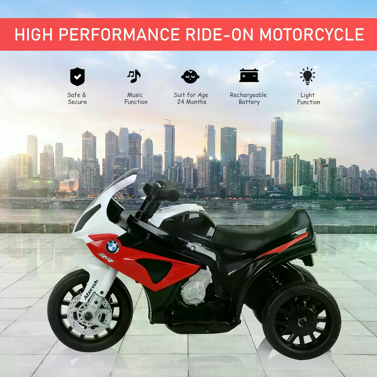 HOMCOM BMW children's electric motorcycle in red, black and white, shown in side profile