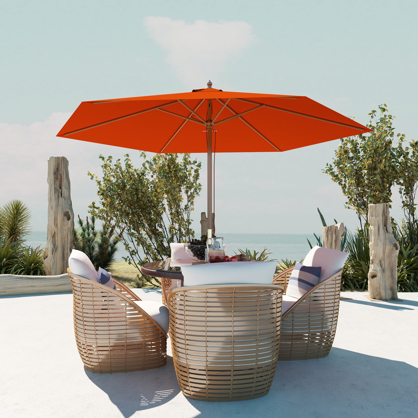 Outsunny 2.5m Wood Garden Parasol Sun Shade Patio Outdoor Wooden Umbrella Canopy, Table Market Umbrella with Vent, 38mm Pole, Rope Pulley Mechanism, Orange