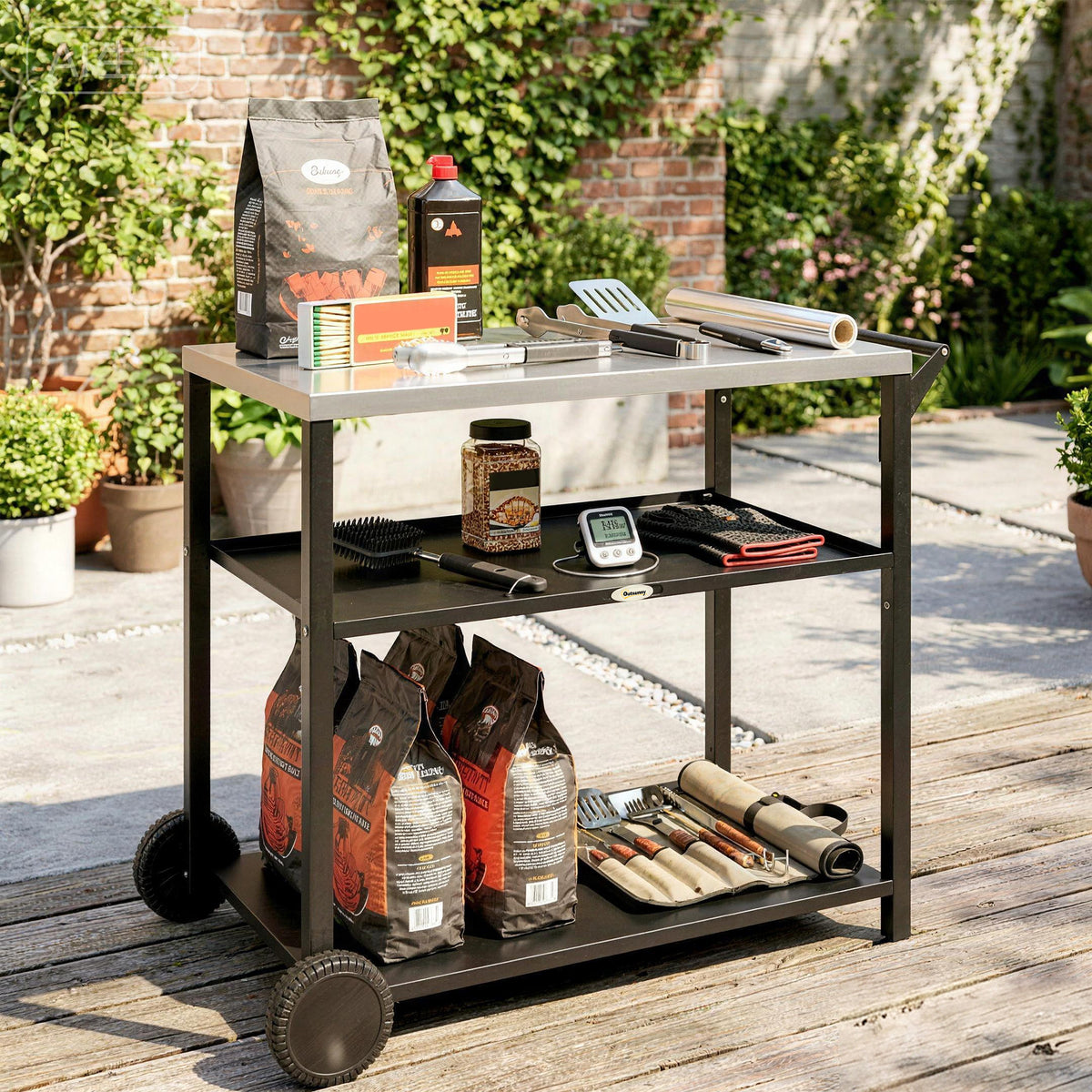 Outsunny Outdoor Grill Cart with Stainless Steel Tabletop for Kitchen Prep, Two-Tier Pizza Oven Stand on Wheels, Black
