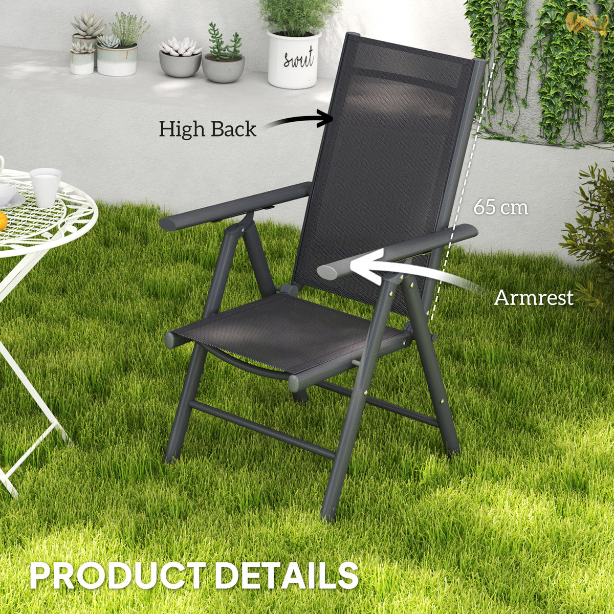 Dark grey high-back folding garden chair with mesh panels and armrests