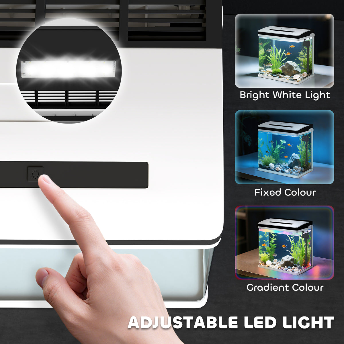 Aquarium lid with adjustable LED light control and white, fixed-color, and gradient modes