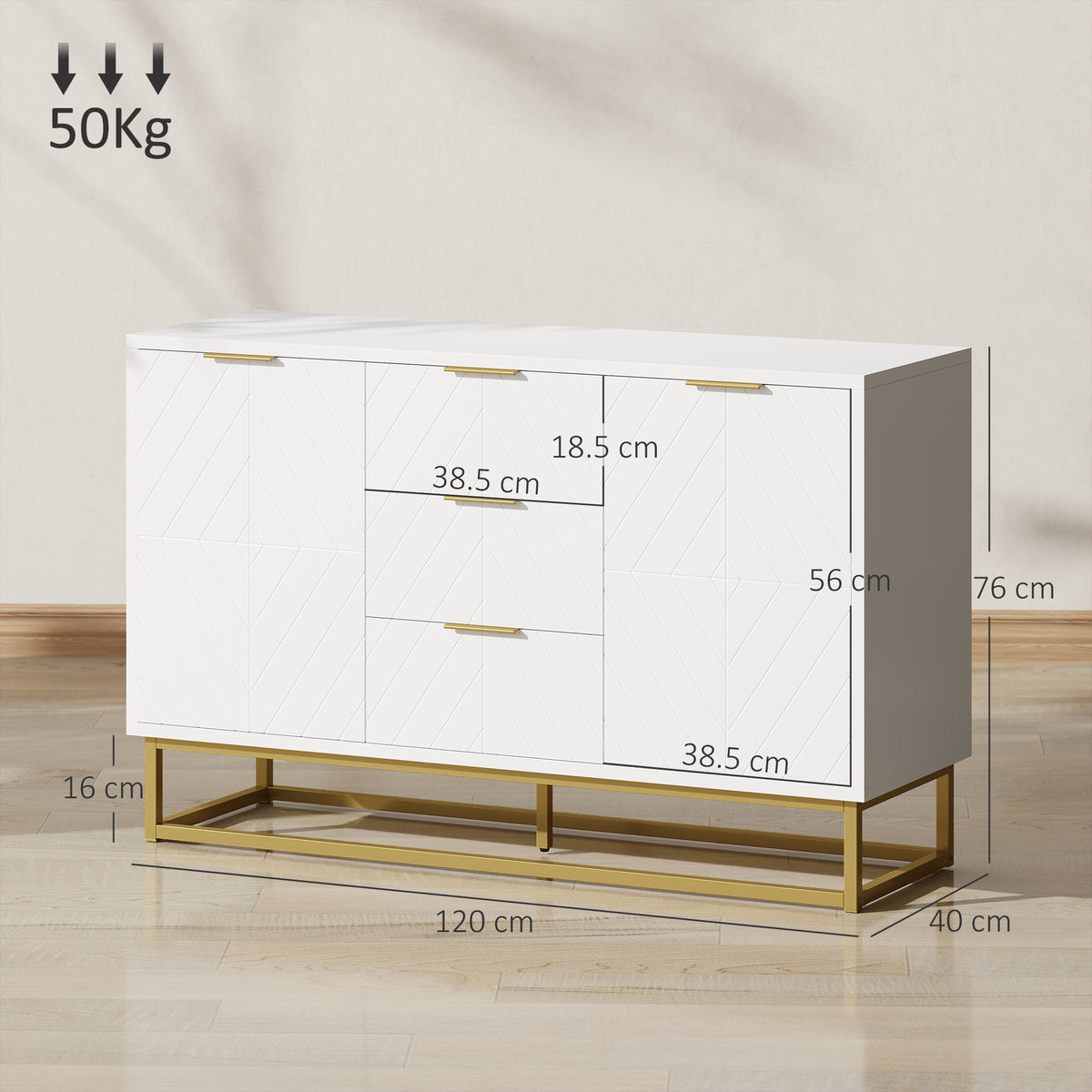 White sideboard with three drawers, two doors and gold-tone base; dimensions shown