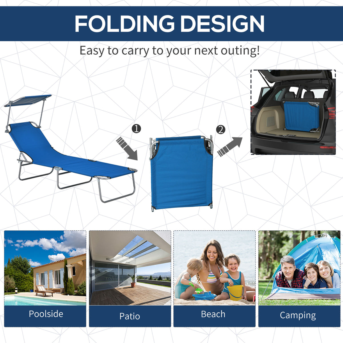 Blue folding sun lounger shown folding into a compact, portable shape