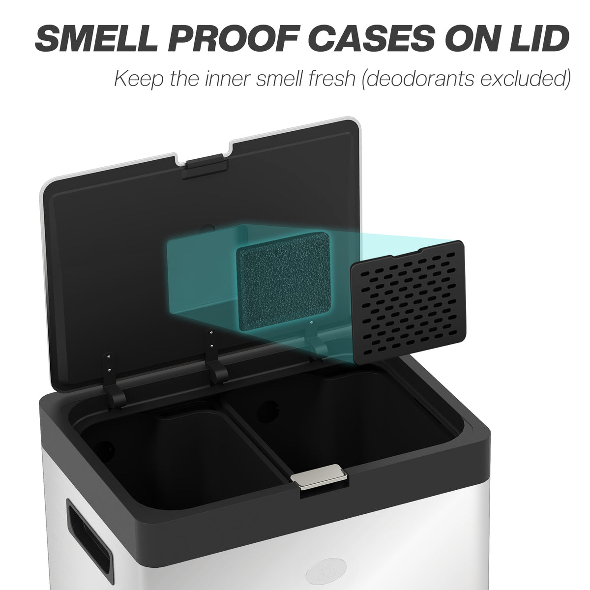 HOMCOM bin with open lid, two inner compartments, and deodorizer holder