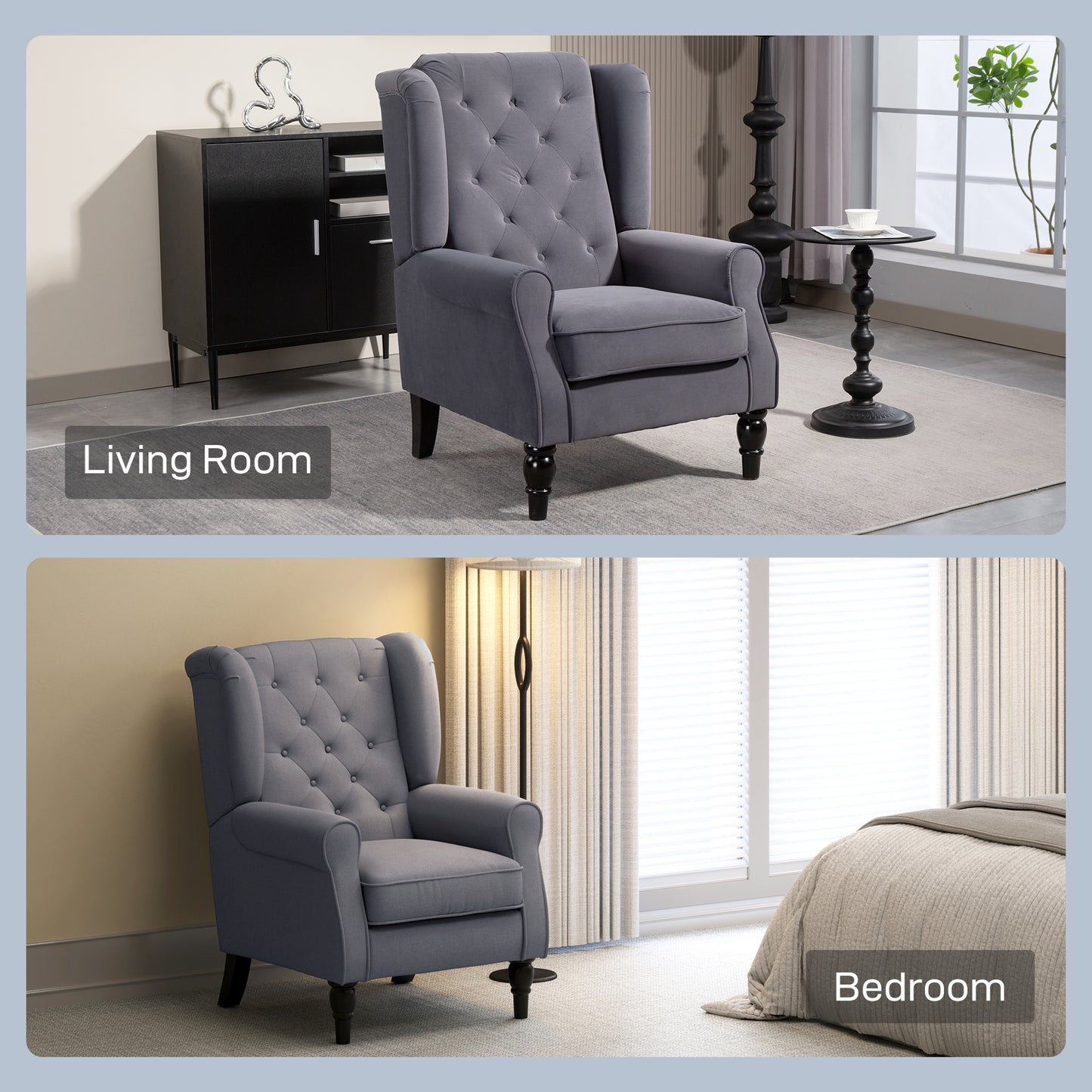 HOMCOM Wingback Accent Chair, Retro Upholstered Button Tufted Occasional Chair for Living Room and Bedroom, Charcoal Grey