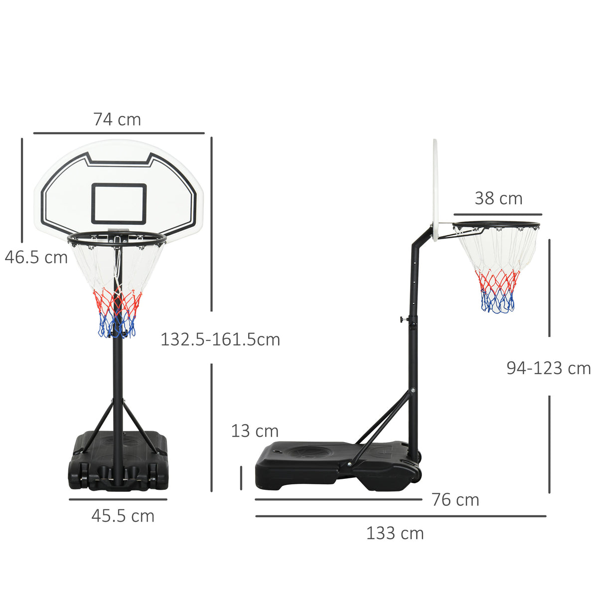 Adjustable basketball hoop and stand with dimensions shown from front and side