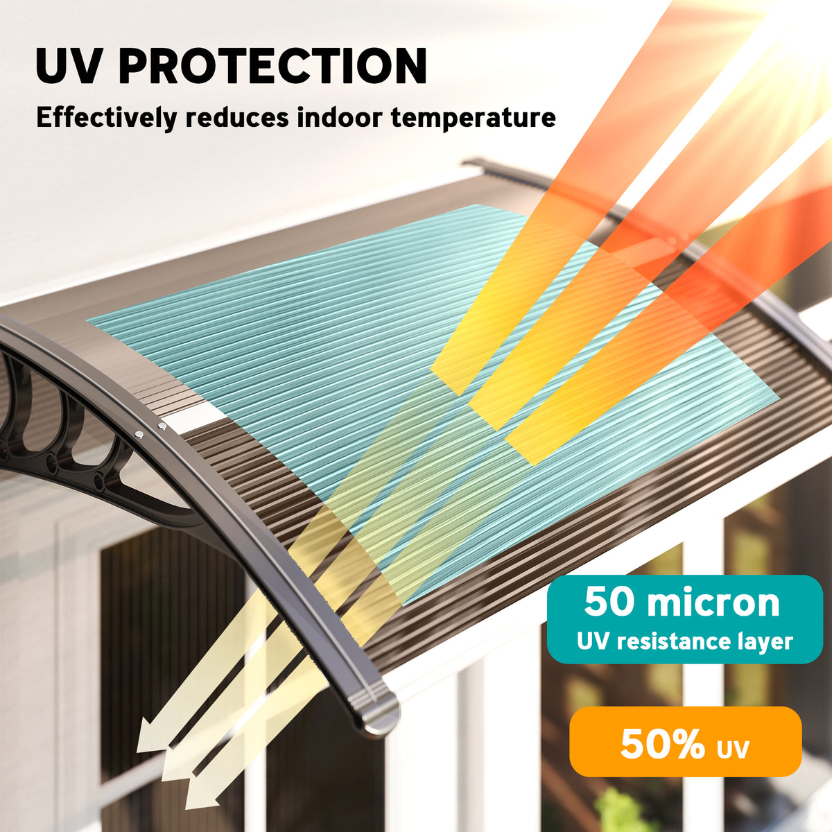 Brown polycarbonate door canopy with dark supports, shown with UV protection illustration.