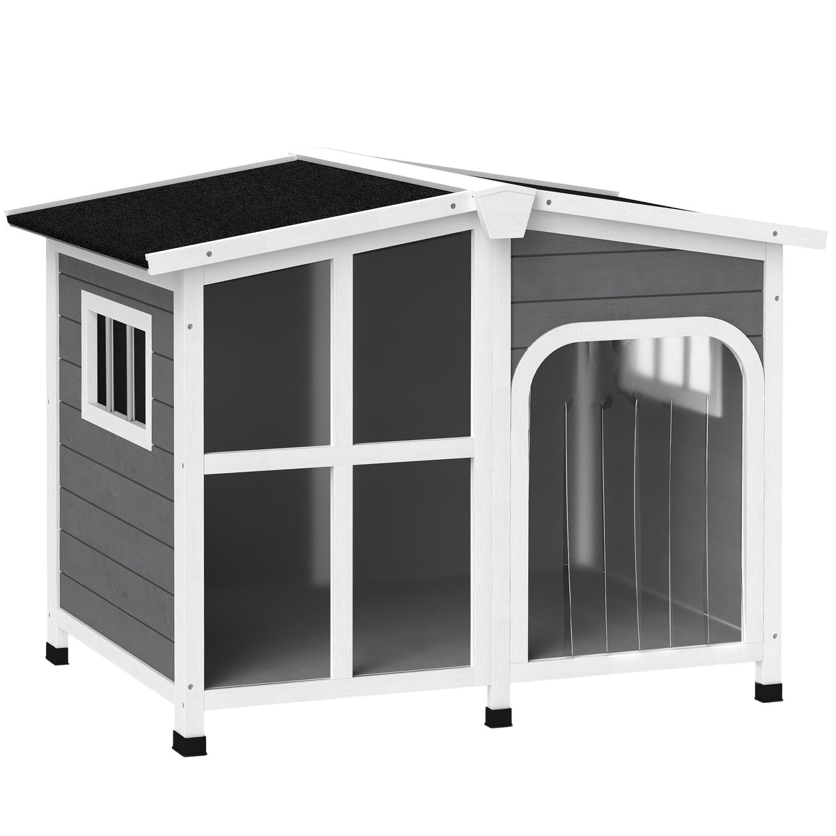 Photo of PawHut Wooden Dog Kennel with Removable Floor, Asphalt and Openable Roof, Giant Window for Large Dogs, Charcoal Grey in Grey colour on a white background